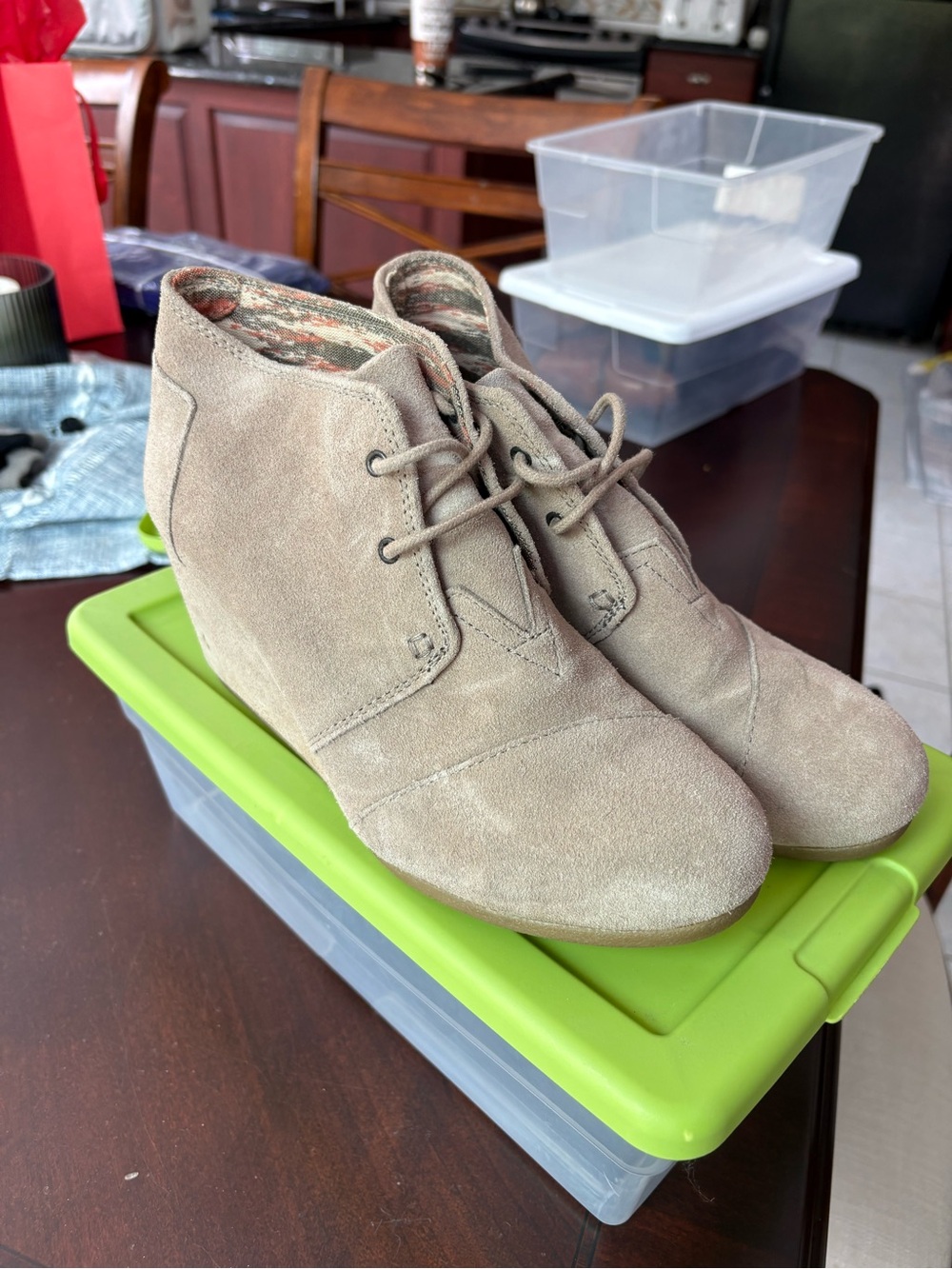 Tom’s Wedge Bootie. Tan suede